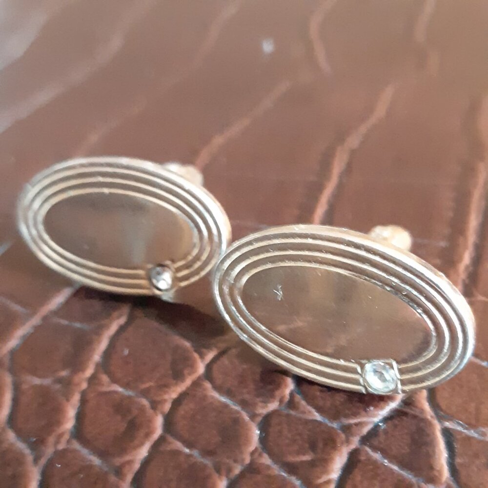 Vintage Silver Tone Oval Cuff Links with Rhinestones 1950s or 60s